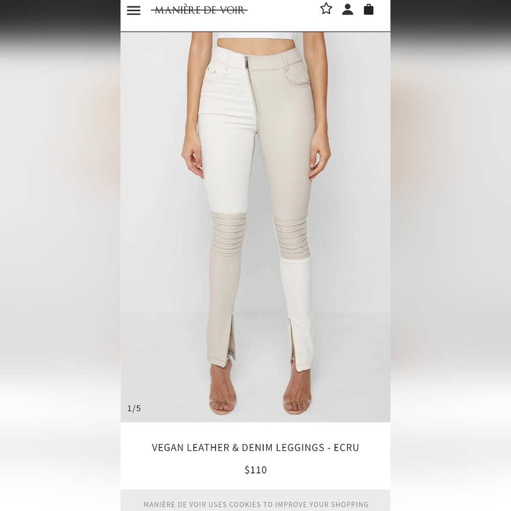 NWT VEGAN LEATHER & DENIM LEGGINGS - ECRU